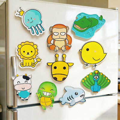 Creative cartoon acrylic fridge magnets with custom logo are wholesale stickers.